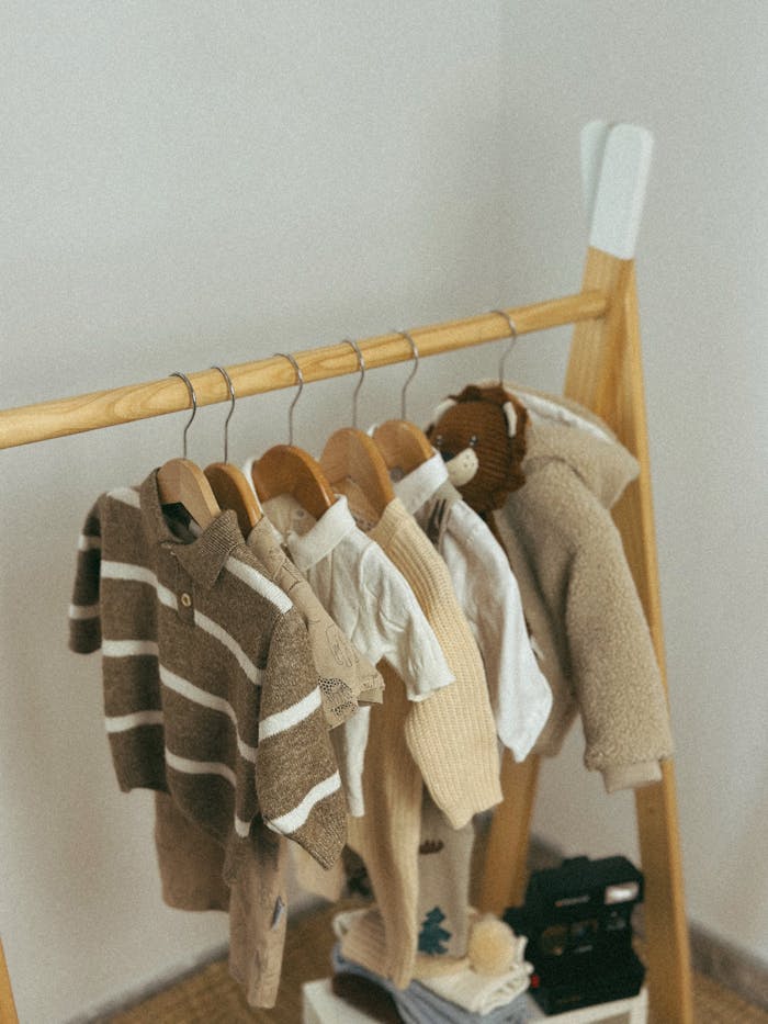 brand-03 Warm neutral-toned baby clothes hanging on a wooden rack in a nursery.