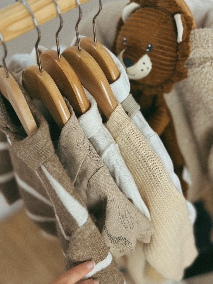 creative Warm, neutral-toned baby clothes with a cute lion toy.